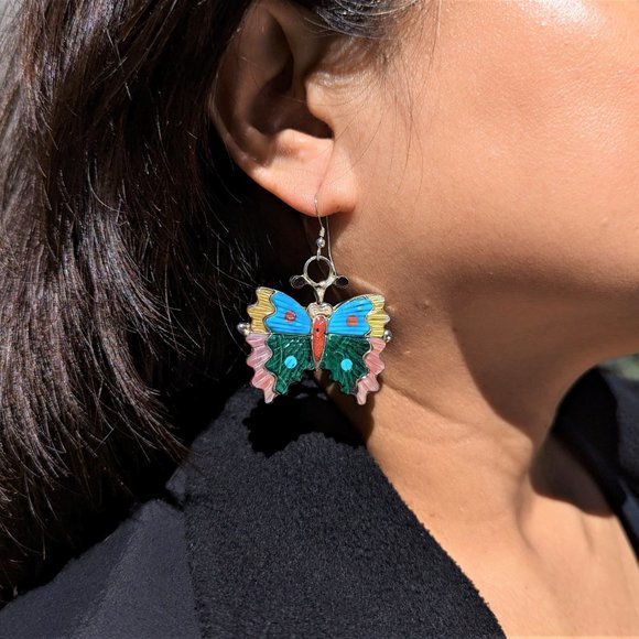 Native American Jewelry Butterfly Earrings‎ Multi Stones Inlay Zuni Handmade*** - Picture 1 of 9
